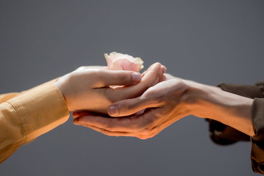 Close-up of Man and Woman Touching Hands and Woman Holding a Rose Flower Head